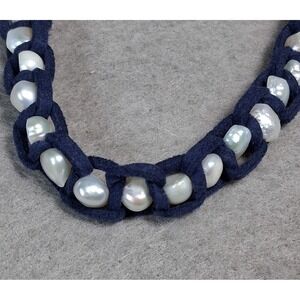 Chico's 38" Navy Blue Suede & Baroque Freshwater Pearl Long Necklace 4" Extender